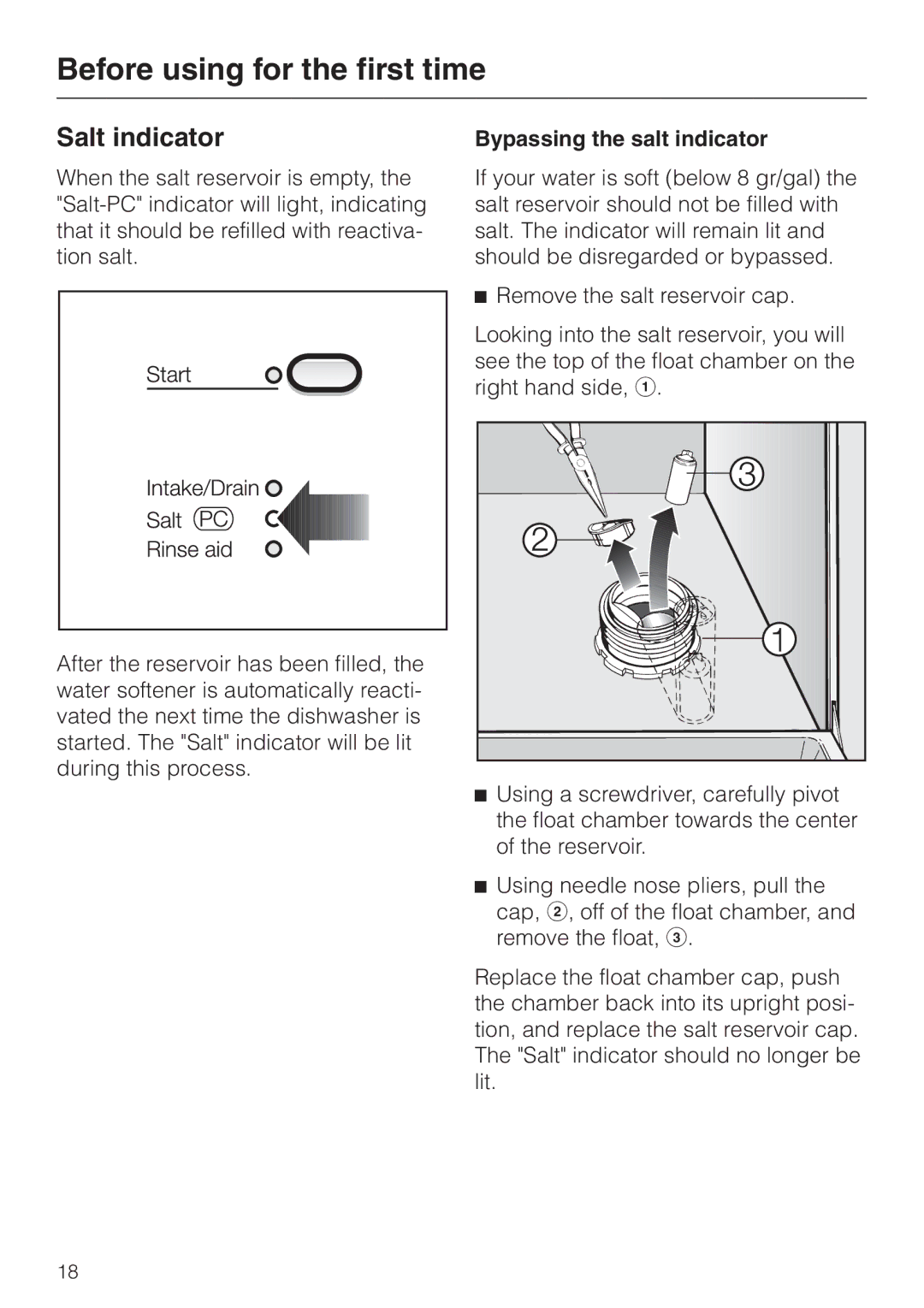 Miele G 841 PLUS, G 841 SC PLUS manual Salt indicator, Bypassing the salt indicator 