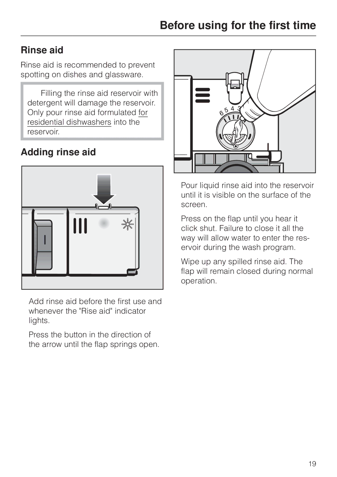 Miele G 841 SC PLUS, G 841 PLUS manual Rinse aid, Adding rinse aid 