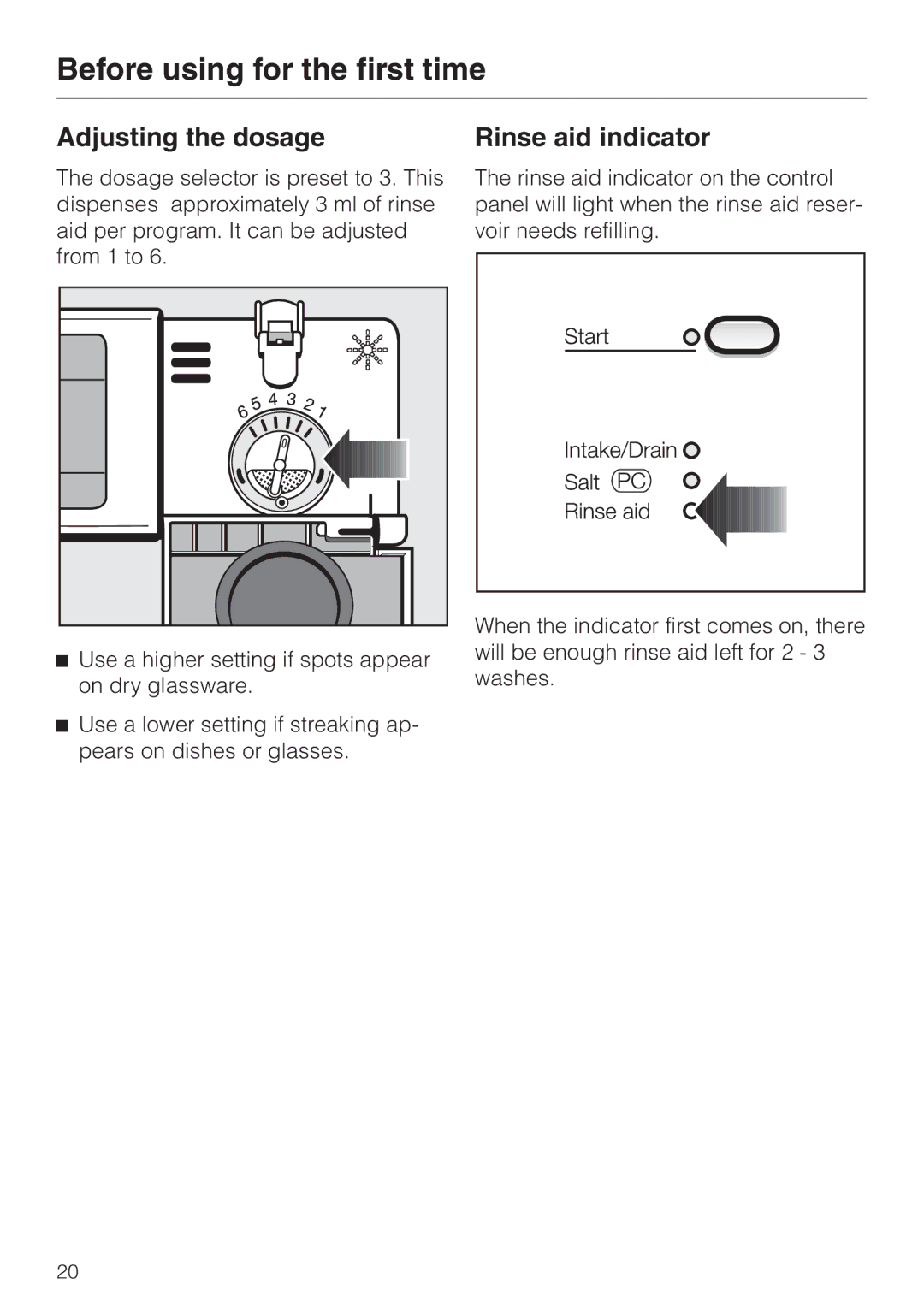 Miele G 841 PLUS, G 841 SC PLUS manual Adjusting the dosage, Rinse aid indicator 