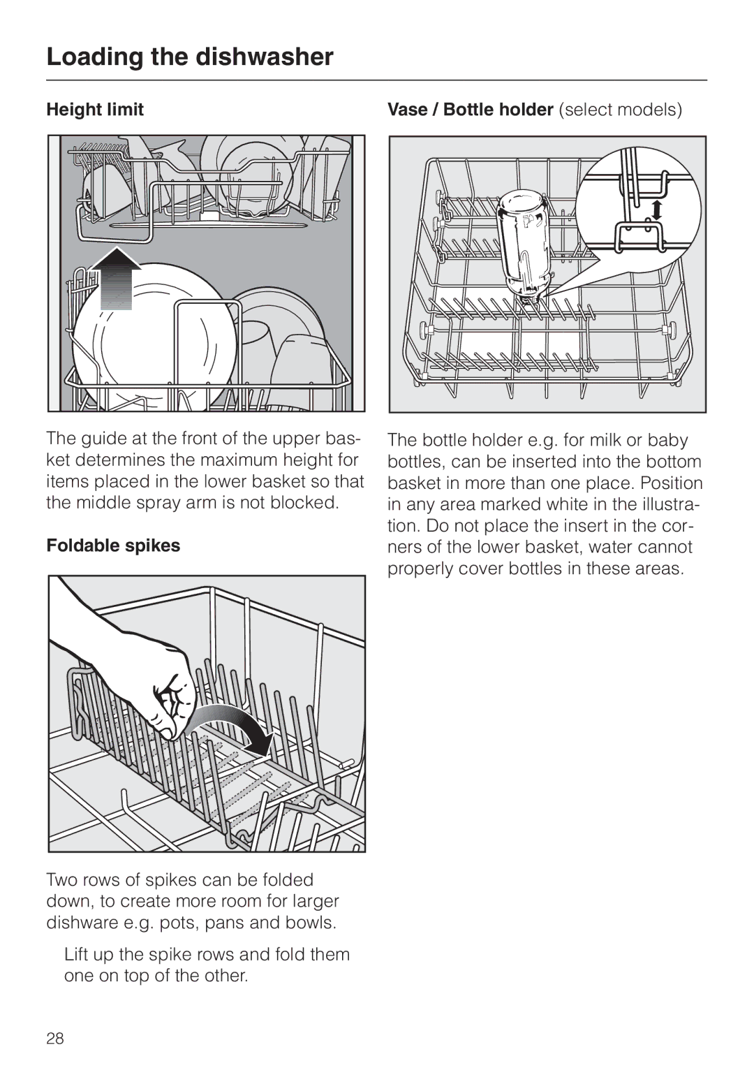 Miele G 841 PLUS, G 841 SC PLUS manual Height limit, Foldable spikes, Vase / Bottle holder select models 