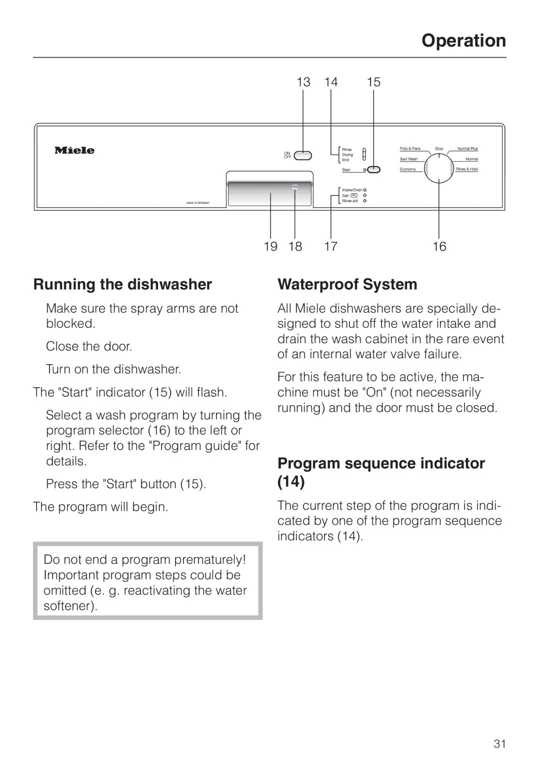 Miele G 841 SC PLUS, G 841 PLUS manual Running the dishwasher, Waterproof System, Program sequence indicator 