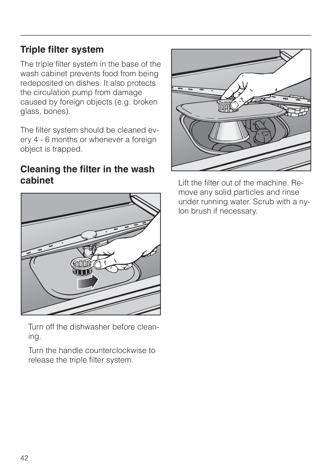 Miele G 841 PLUS, G 841 SC PLUS manual Triple filter system, Cleaning the filter in the wash cabinet 