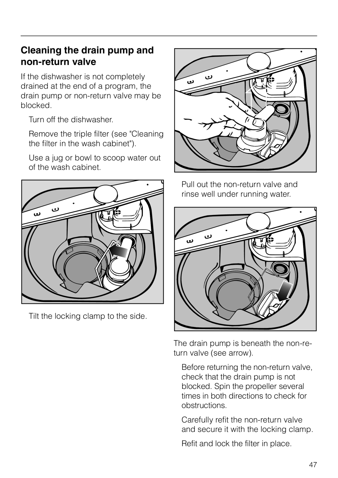 Miele G 841 SC PLUS, G 841 PLUS manual Cleaning the drain pump and non-return valve 