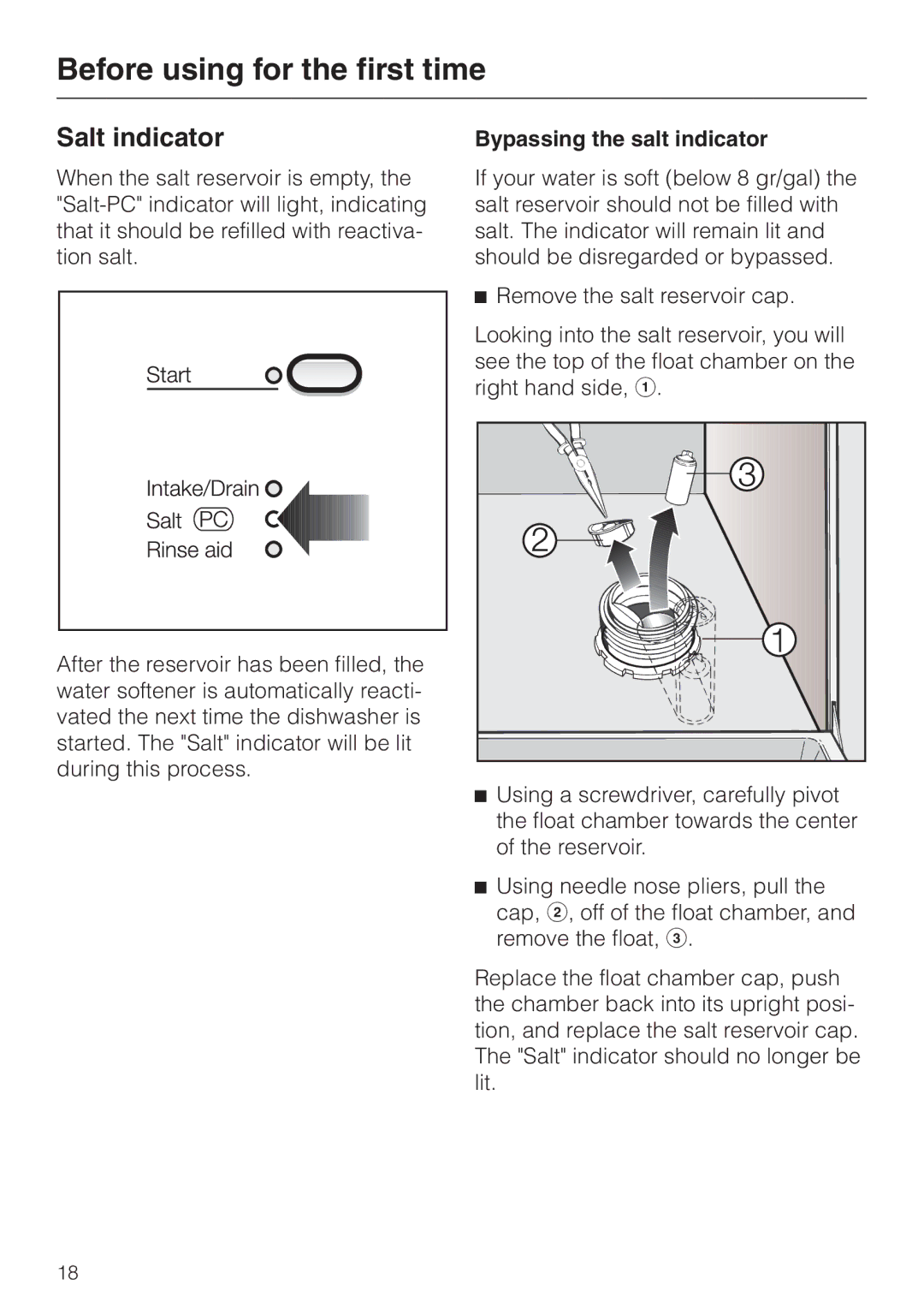 Miele G 842 PLUS, G 842 SC PLUS manual Salt indicator, Bypassing the salt indicator 