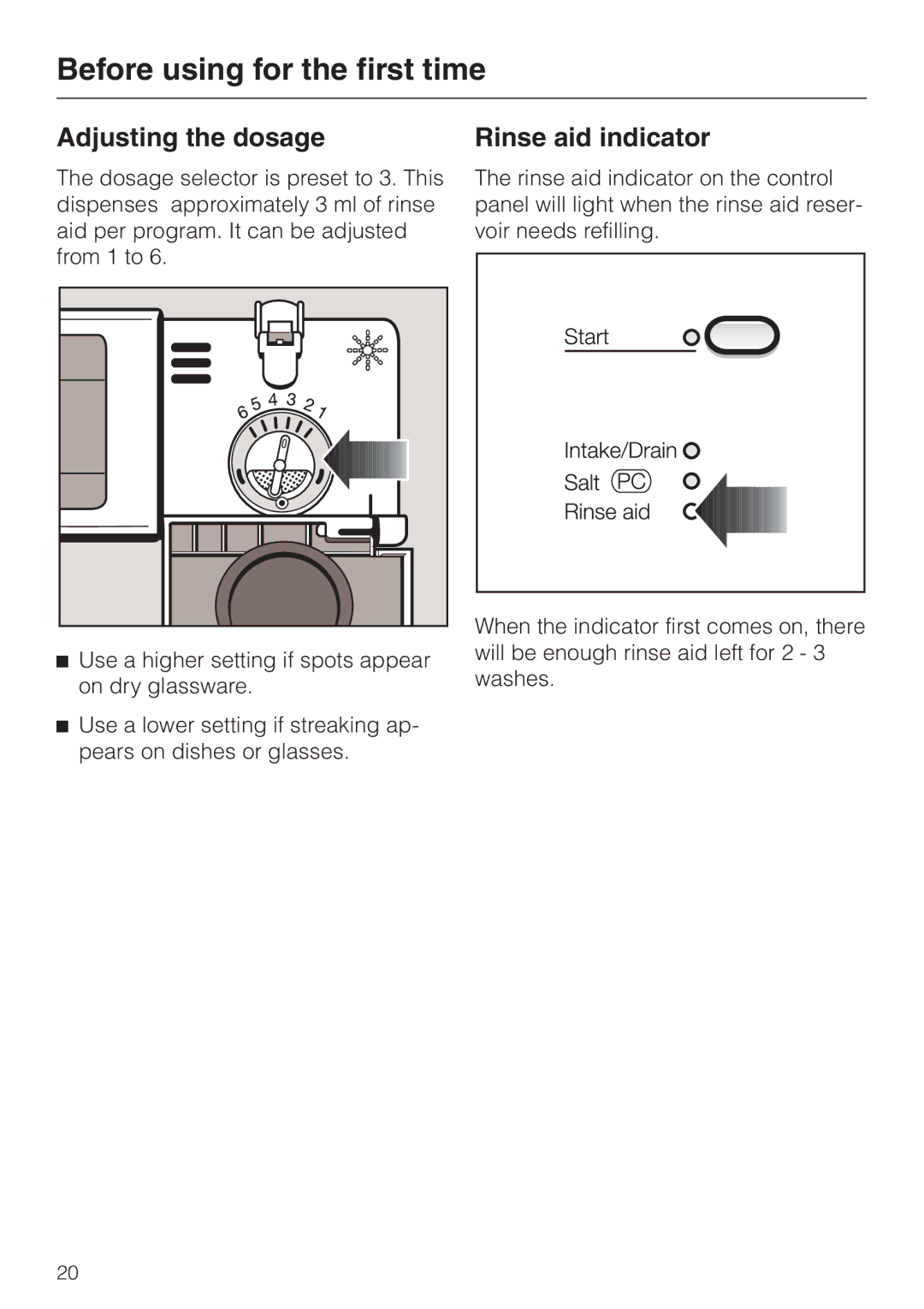 Miele G 842 PLUS, G 842 SC PLUS manual Adjusting the dosage, Rinse aid indicator 