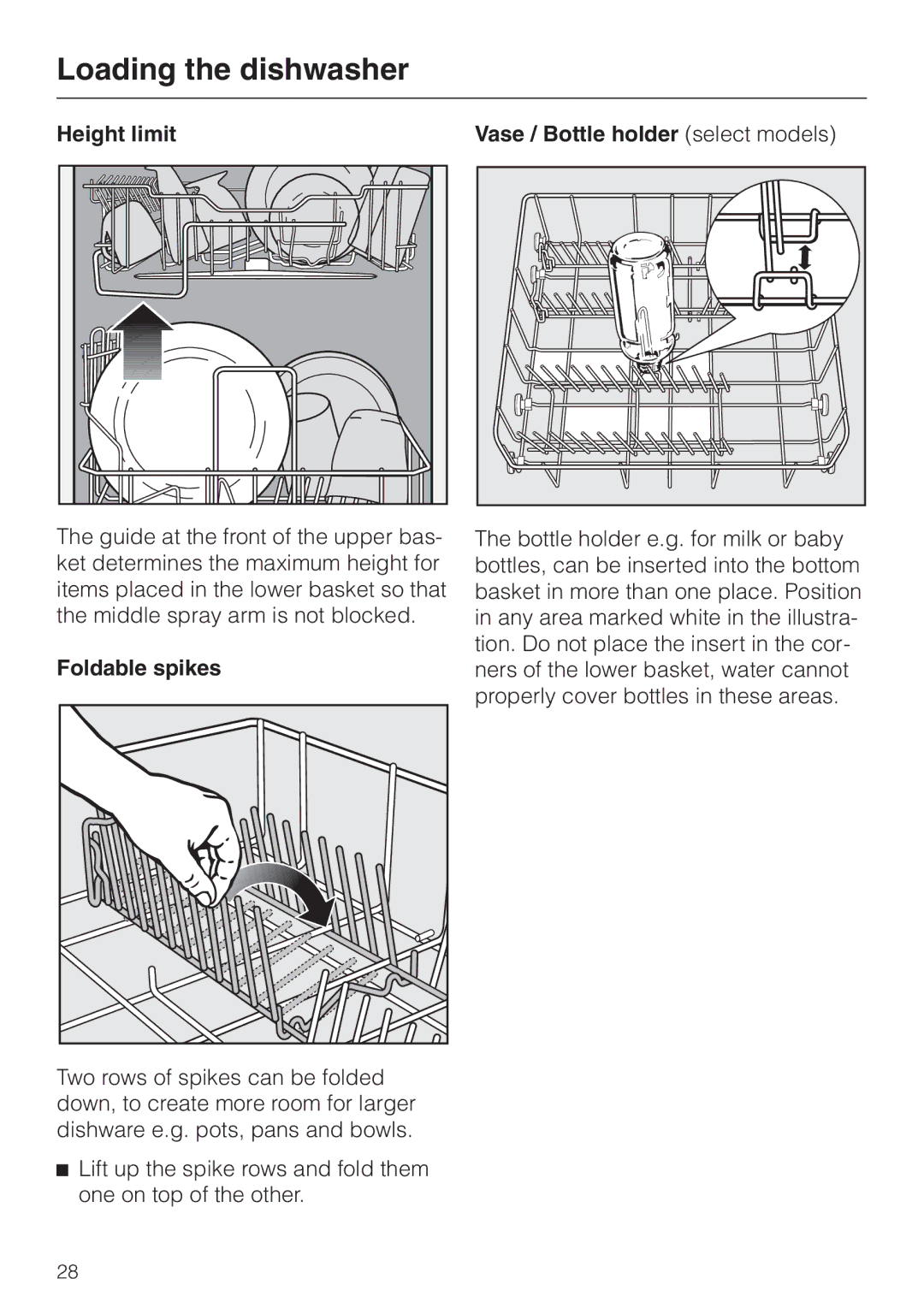 Miele G 842 PLUS, G 842 SC PLUS manual Height limit, Foldable spikes, Vase / Bottle holder select models 