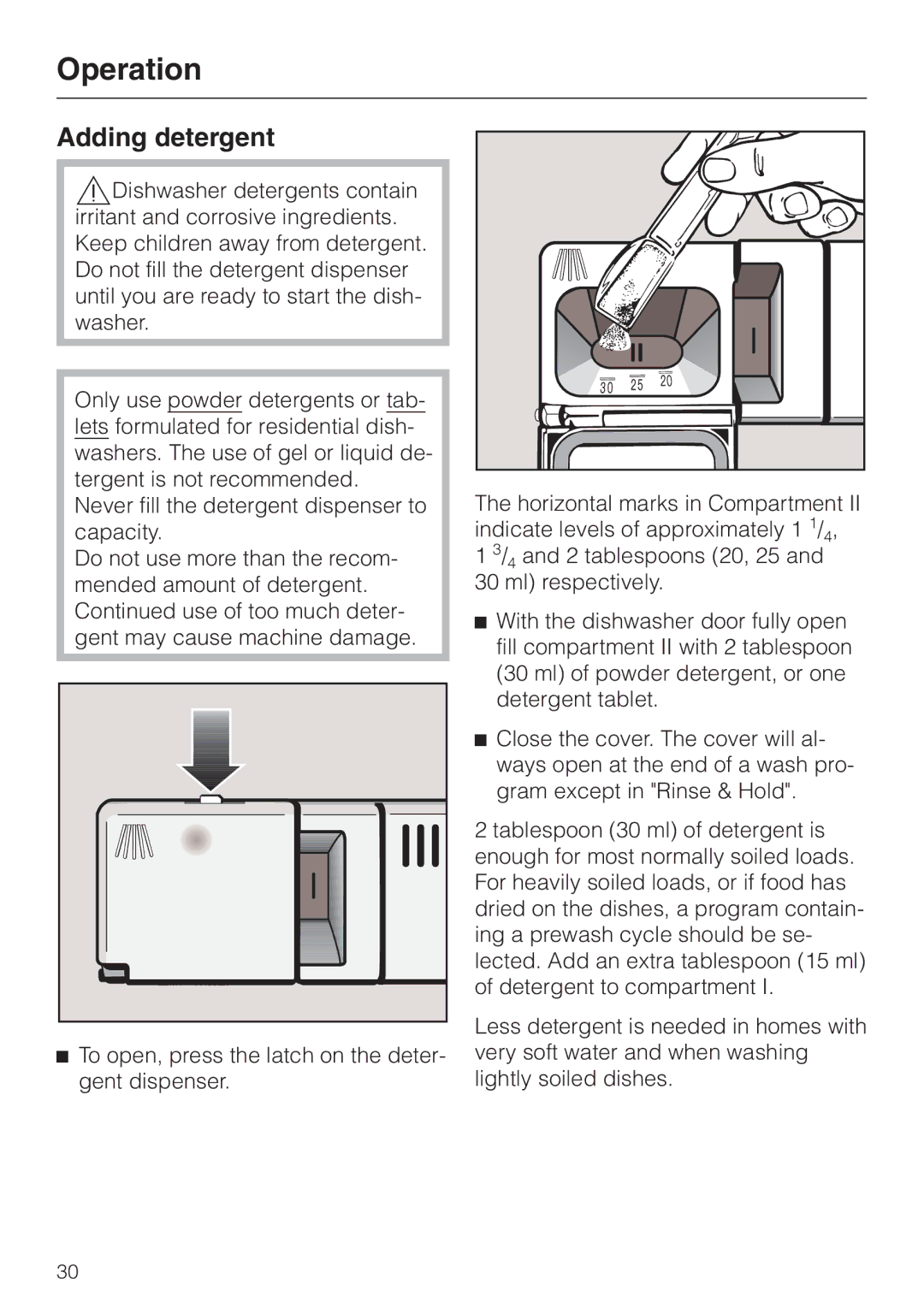 Miele G 842 PLUS, G 842 SC PLUS manual Operation, Adding detergent 