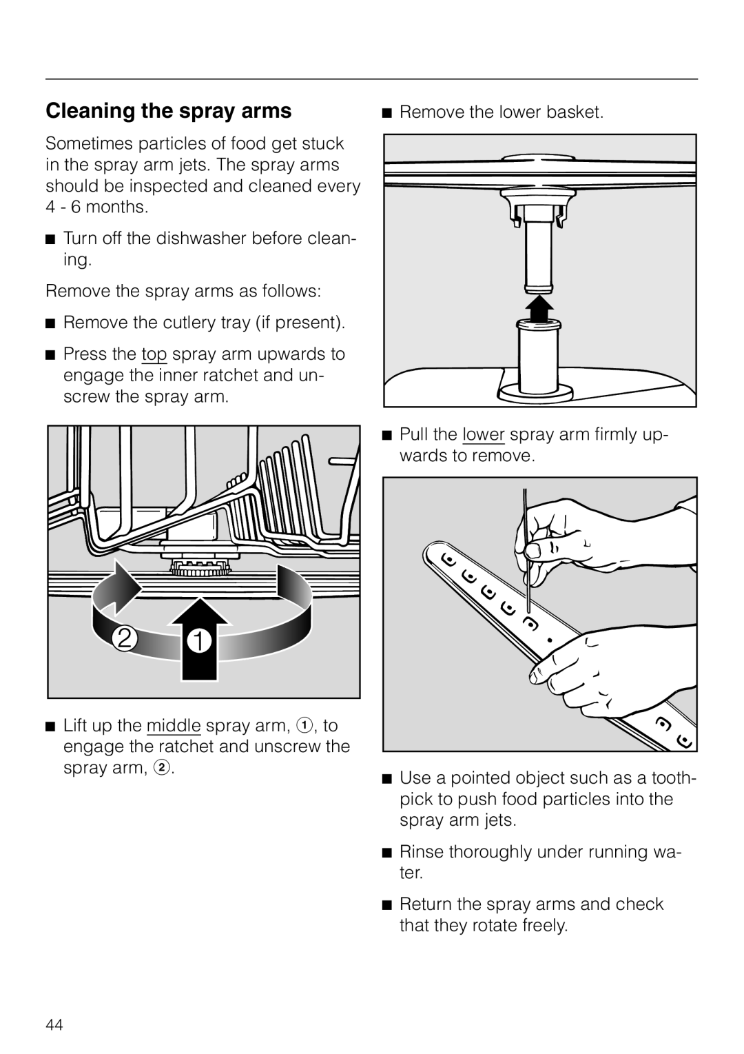 Miele G 842 PLUS, G 842 SC PLUS manual Cleaning the spray arms, Remove the lower basket 