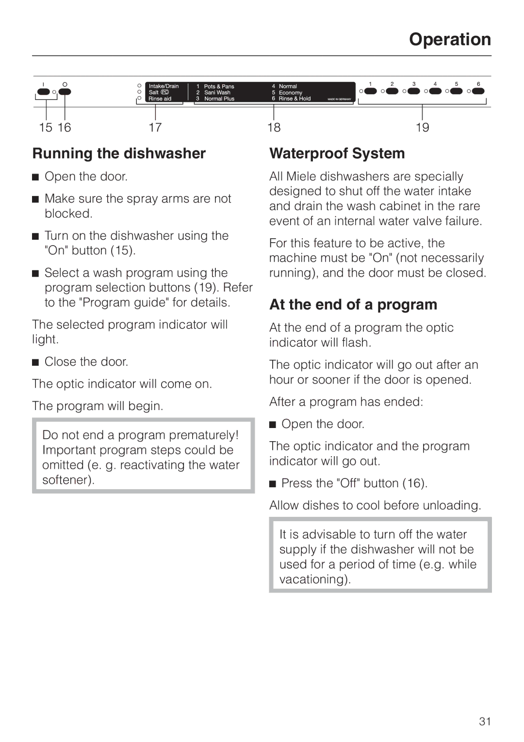 Miele G 843 SCVI, G 843 VI, G 643 SCVI manual Running the dishwasher, Waterproof System, At the end of a program 