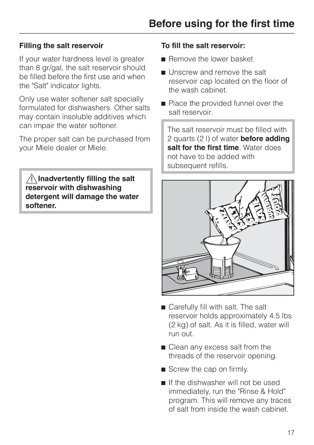 Miele G 851 SC Plus operating instructions Filling the salt reservoir 