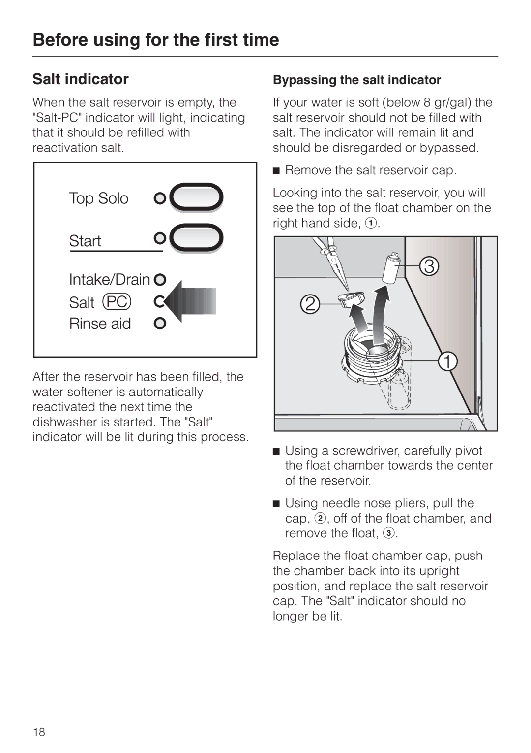 Miele G 851 SC Plus operating instructions Salt indicator, Bypassing the salt indicator 