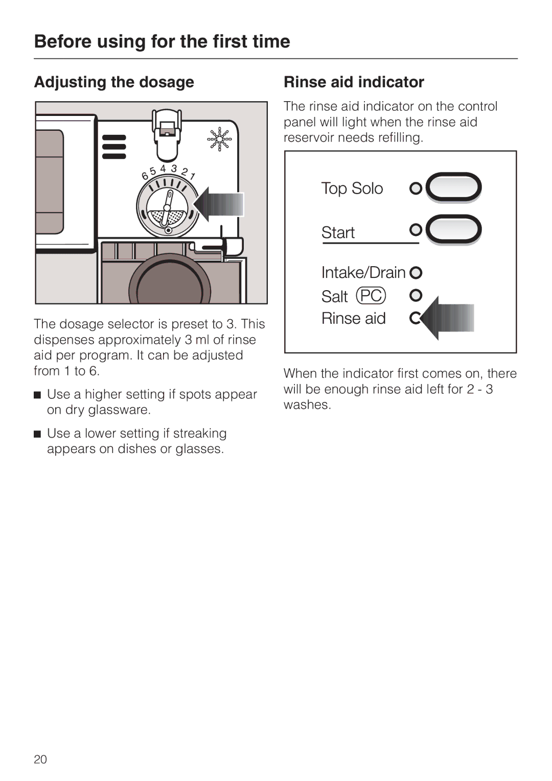 Miele G 851 SC Plus operating instructions Adjusting the dosage Rinse aid indicator 