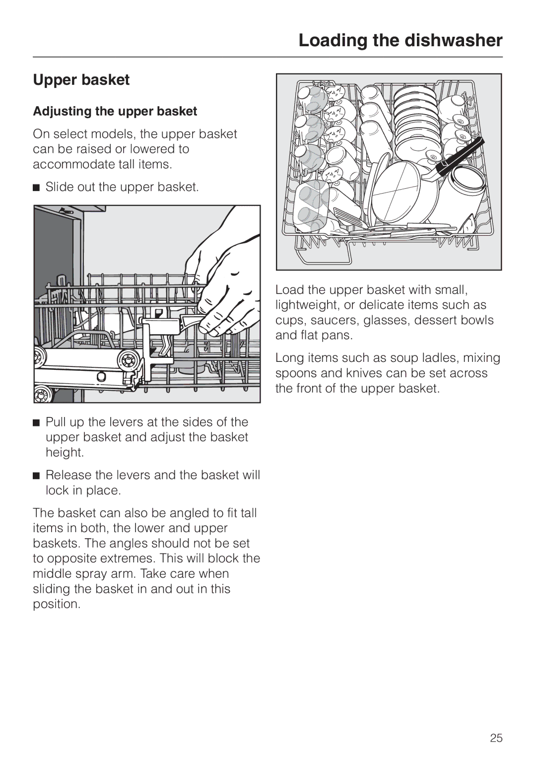 Miele G 851 SC Plus operating instructions Upper basket, Adjusting the upper basket, Slide out the upper basket 