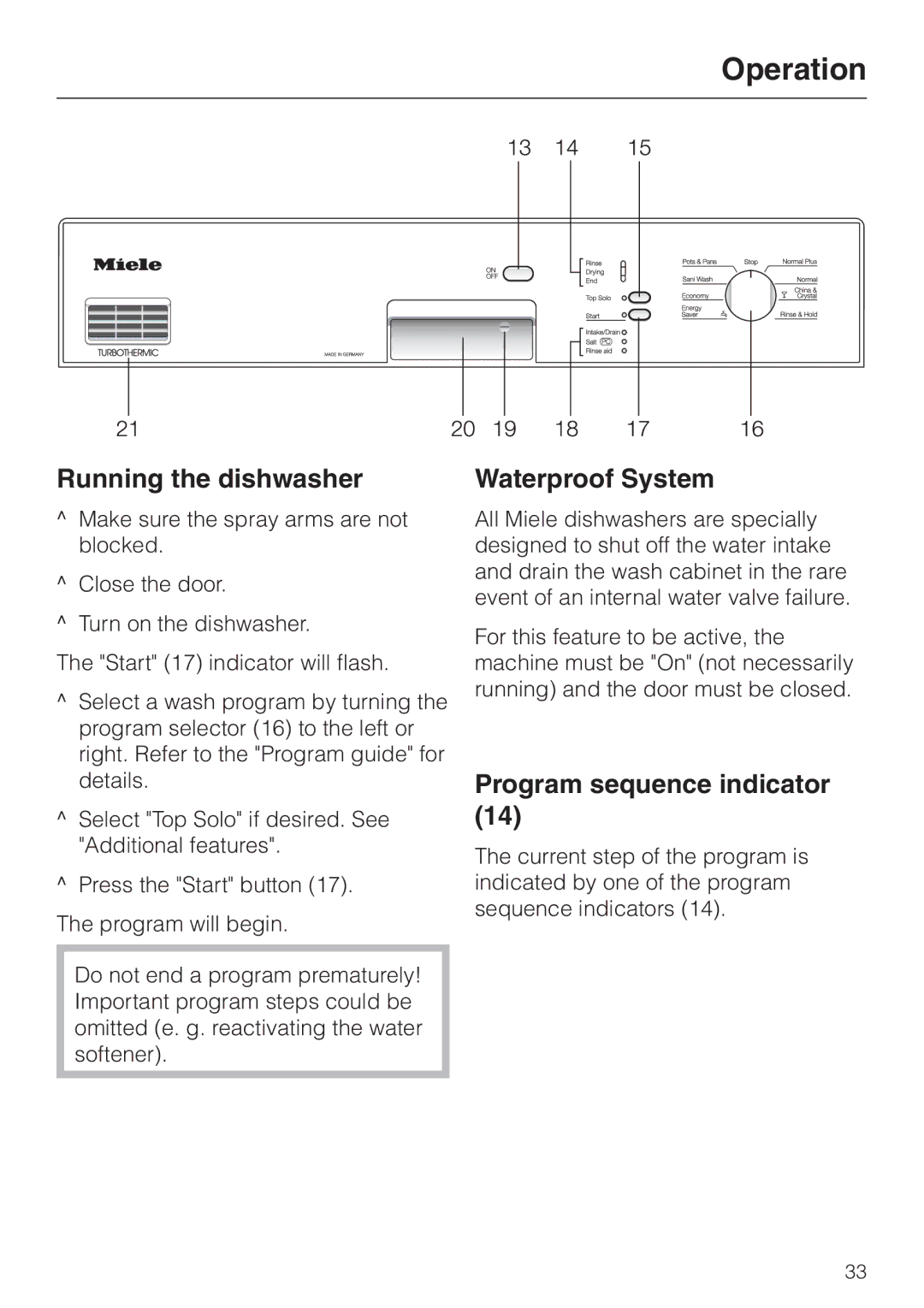 Miele G 851 SC Plus operating instructions Running the dishwasher, Waterproof System, Program sequence indicator 