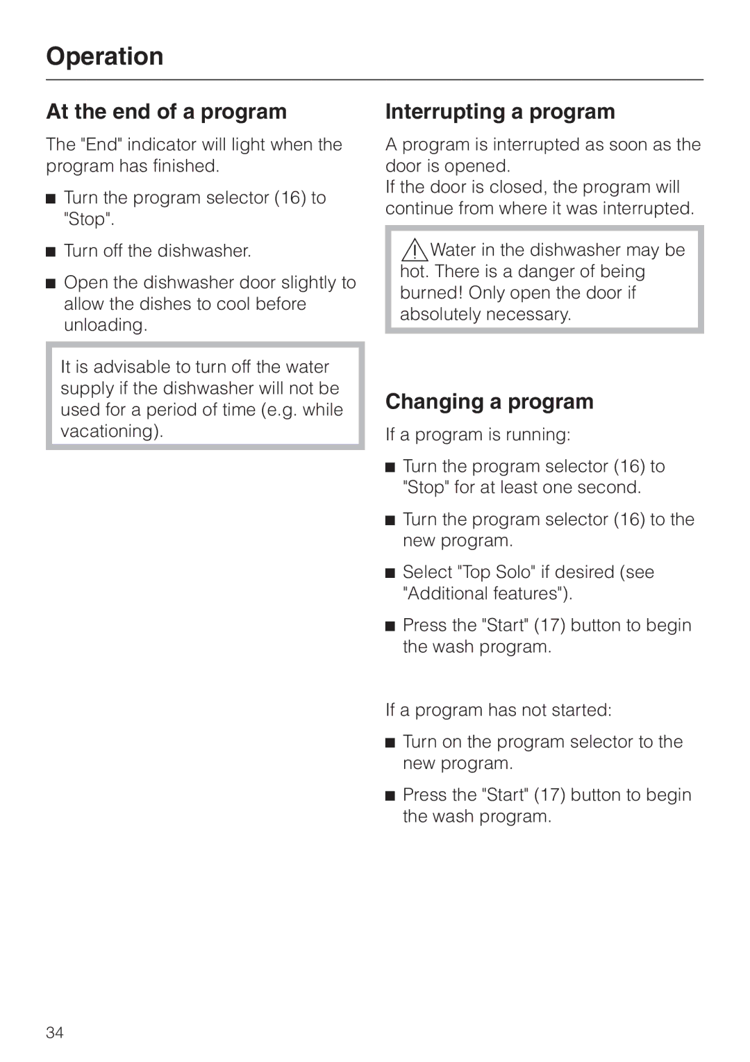 Miele G 851 SC Plus operating instructions At the end of a program, Interrupting a program, Changing a program 