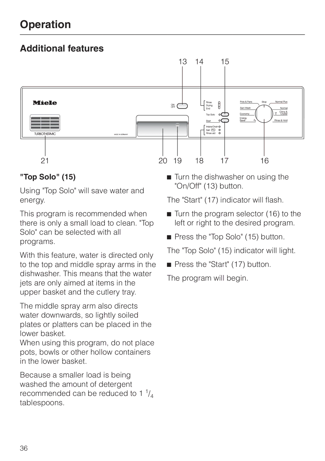 Miele G 851 SC Plus operating instructions Additional features, Top Solo 