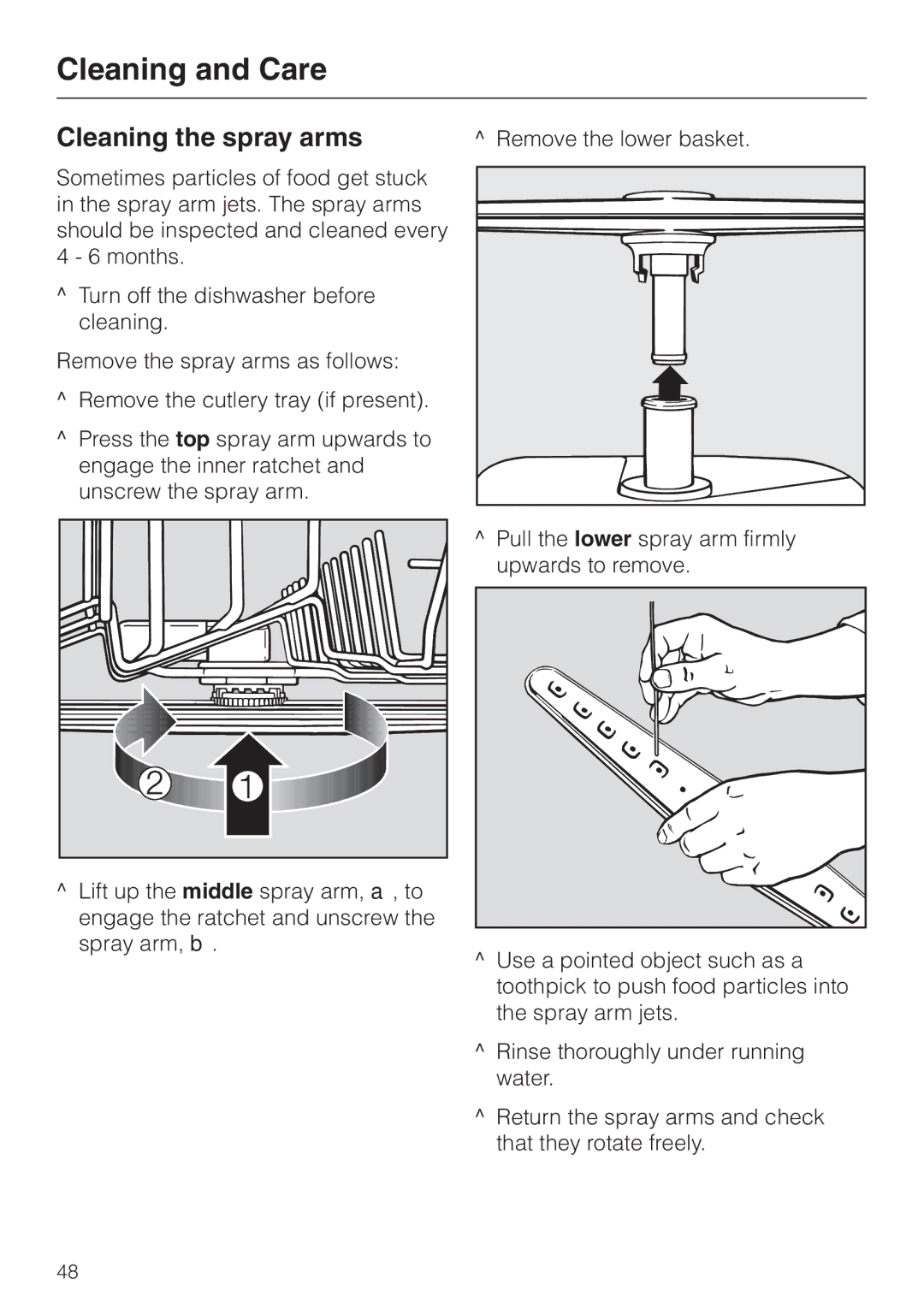 Miele G 851 SC Plus operating instructions Cleaning the spray arms, Remove the lower basket 