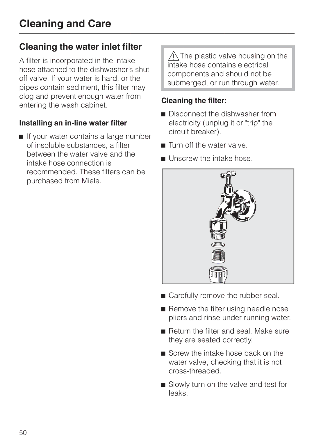 Miele G 851 SC Plus Cleaning the water inlet filter, Installing an in-line water filter, Cleaning the filter 