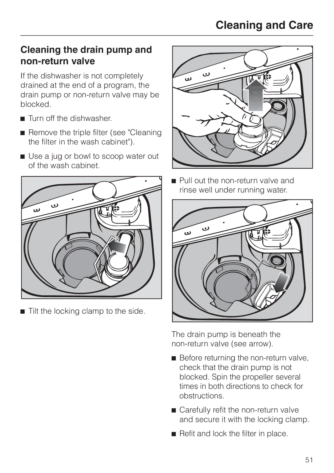 Miele G 851 SC Plus operating instructions Cleaning the drain pump and non-return valve 