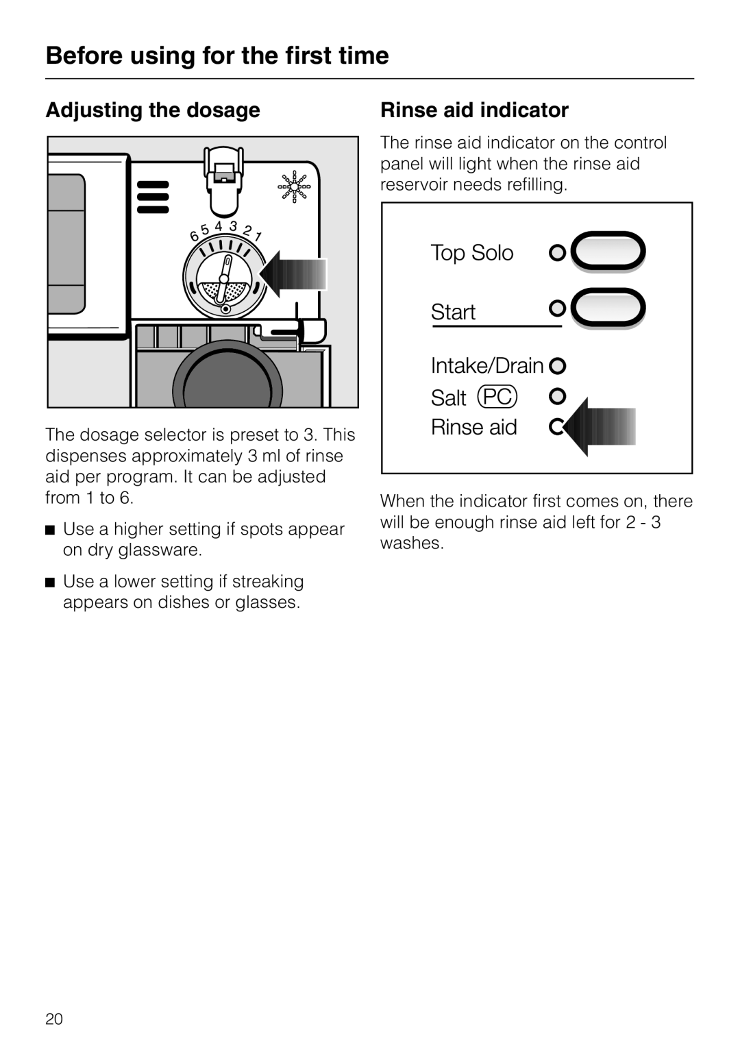 Miele G 851 SC Plus operating instructions Adjusting the dosage, Rinse aid indicator, Before using for the first time 