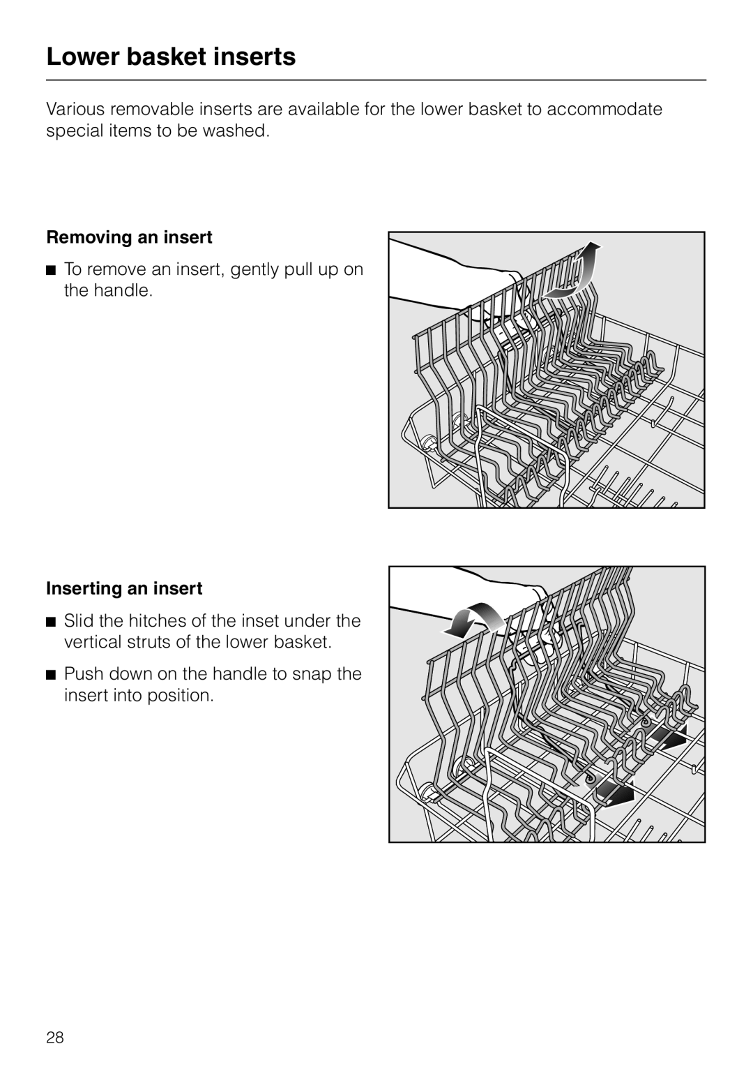 Miele G 851 SC Plus operating instructions Lower basket inserts, Removing an insert, Inserting an insert 