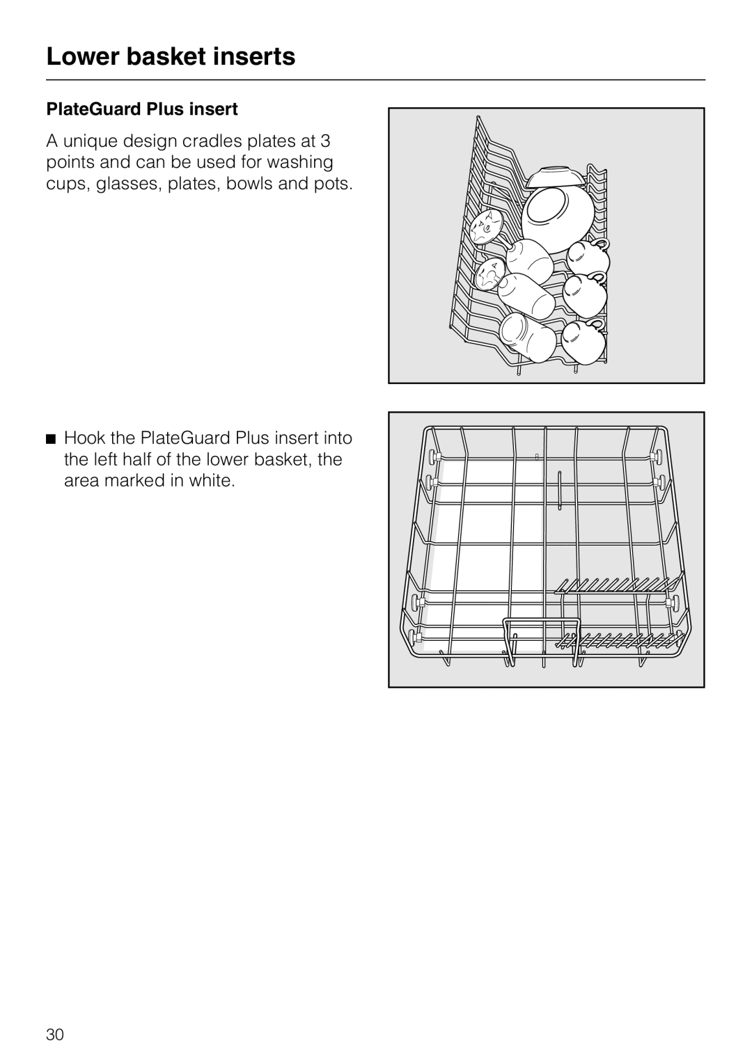 Miele G 851 SC Plus operating instructions Lower basket inserts, PlateGuard Plus insert 
