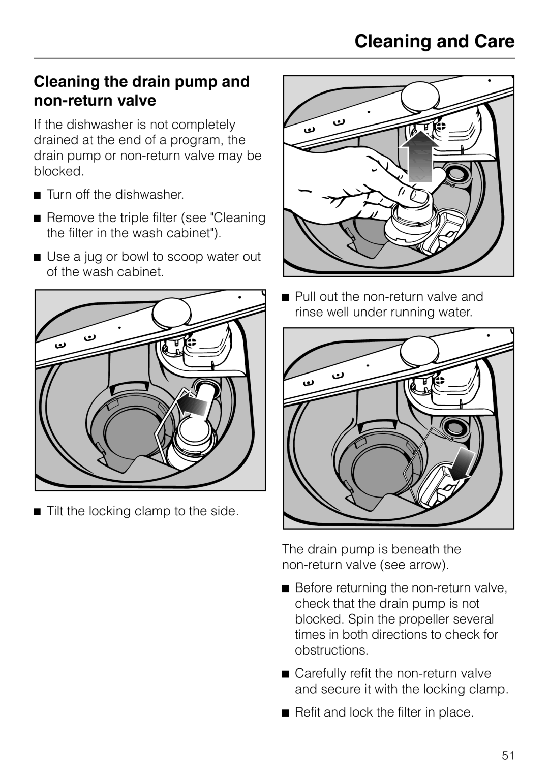Miele G 851 SC Plus operating instructions Cleaning the drain pump and non-returnvalve, Cleaning and Care 