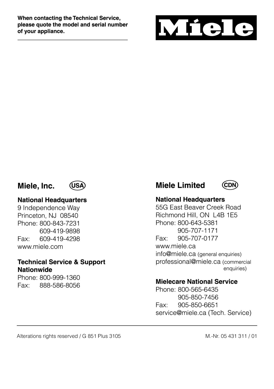Miele G 851 SC Plus operating instructions Alterations rights reserved / G 851 Plus, M.-Nr.05 