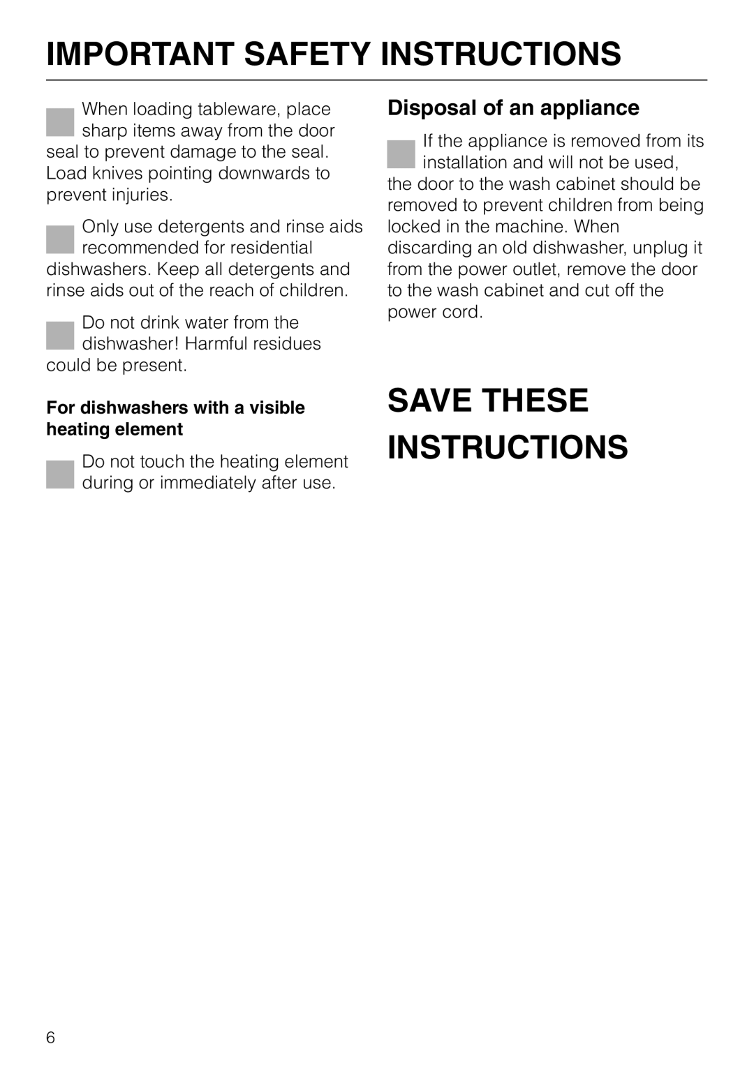 Miele G 851 SC Plus operating instructions Save These Instructions, Disposal of an appliance, Important Safety Instructions 