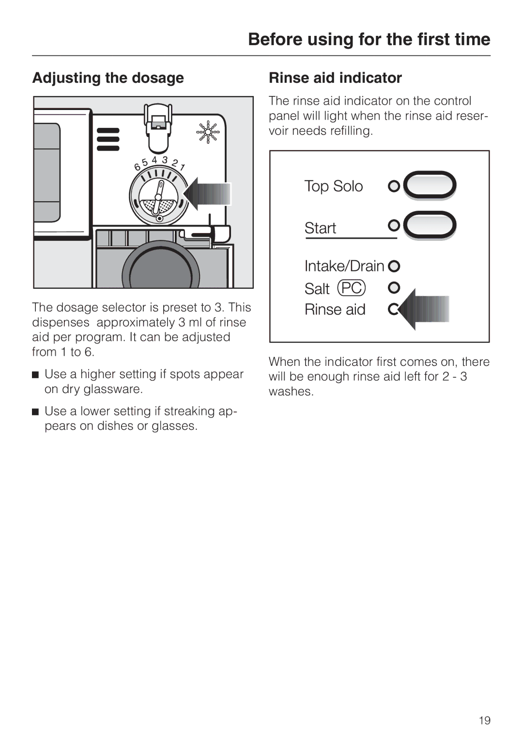 Miele G 851 operating instructions Adjusting the dosage Rinse aid indicator 