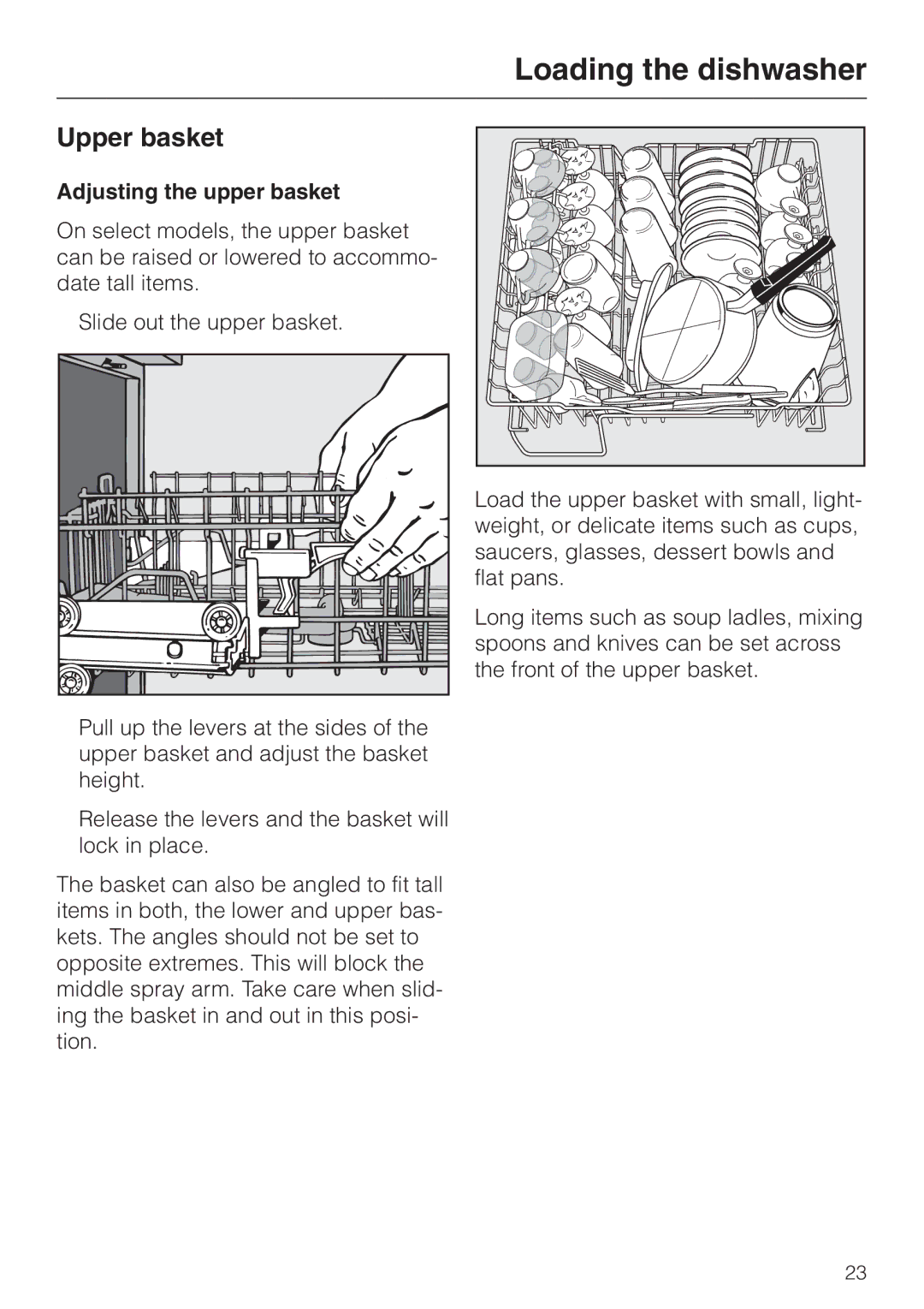 Miele G 851 operating instructions Upper basket, Adjusting the upper basket, Slide out the upper basket 