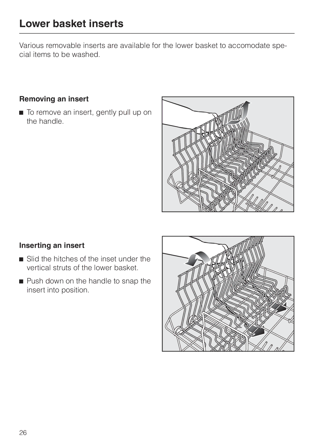 Miele G 851 operating instructions Lower basket inserts, Removing an insert, Inserting an insert 