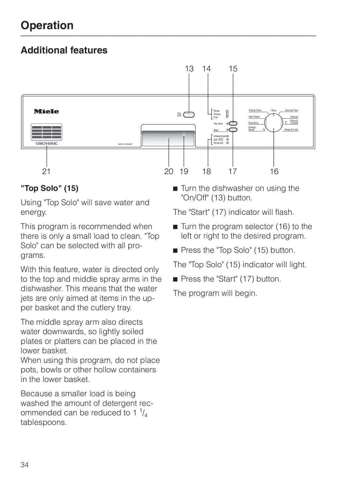 Miele G 851 operating instructions Additional features, Top Solo 