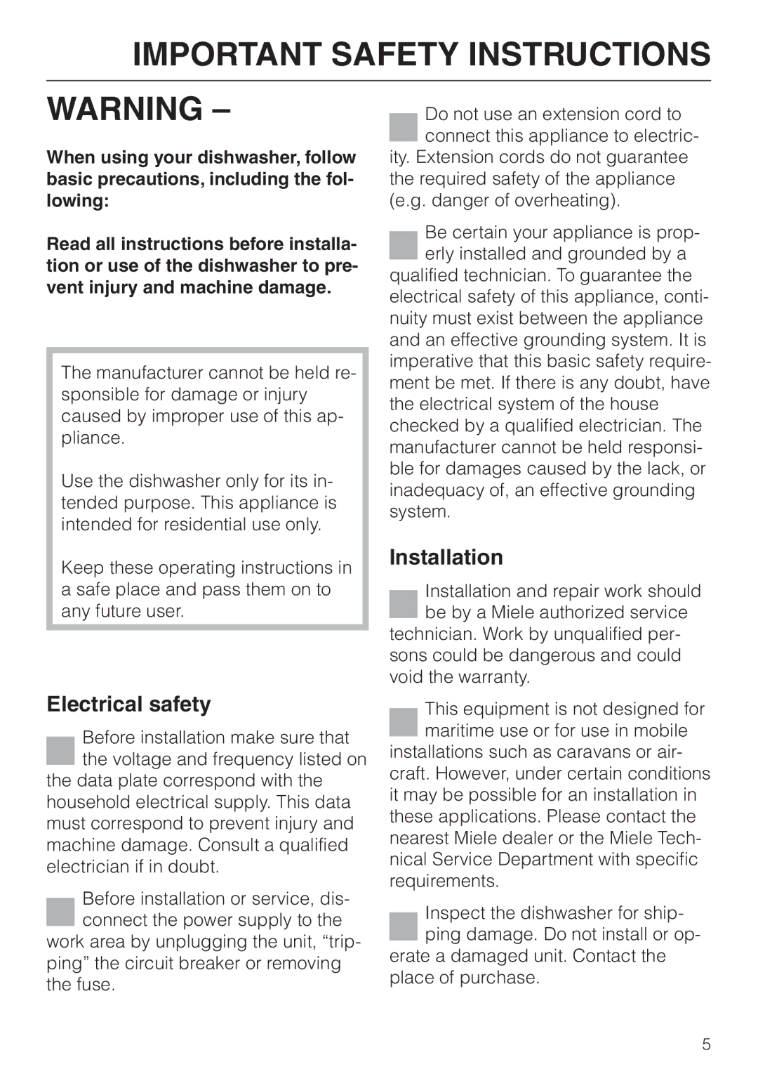 Miele G 851 operating instructions Electrical safety, Installation 