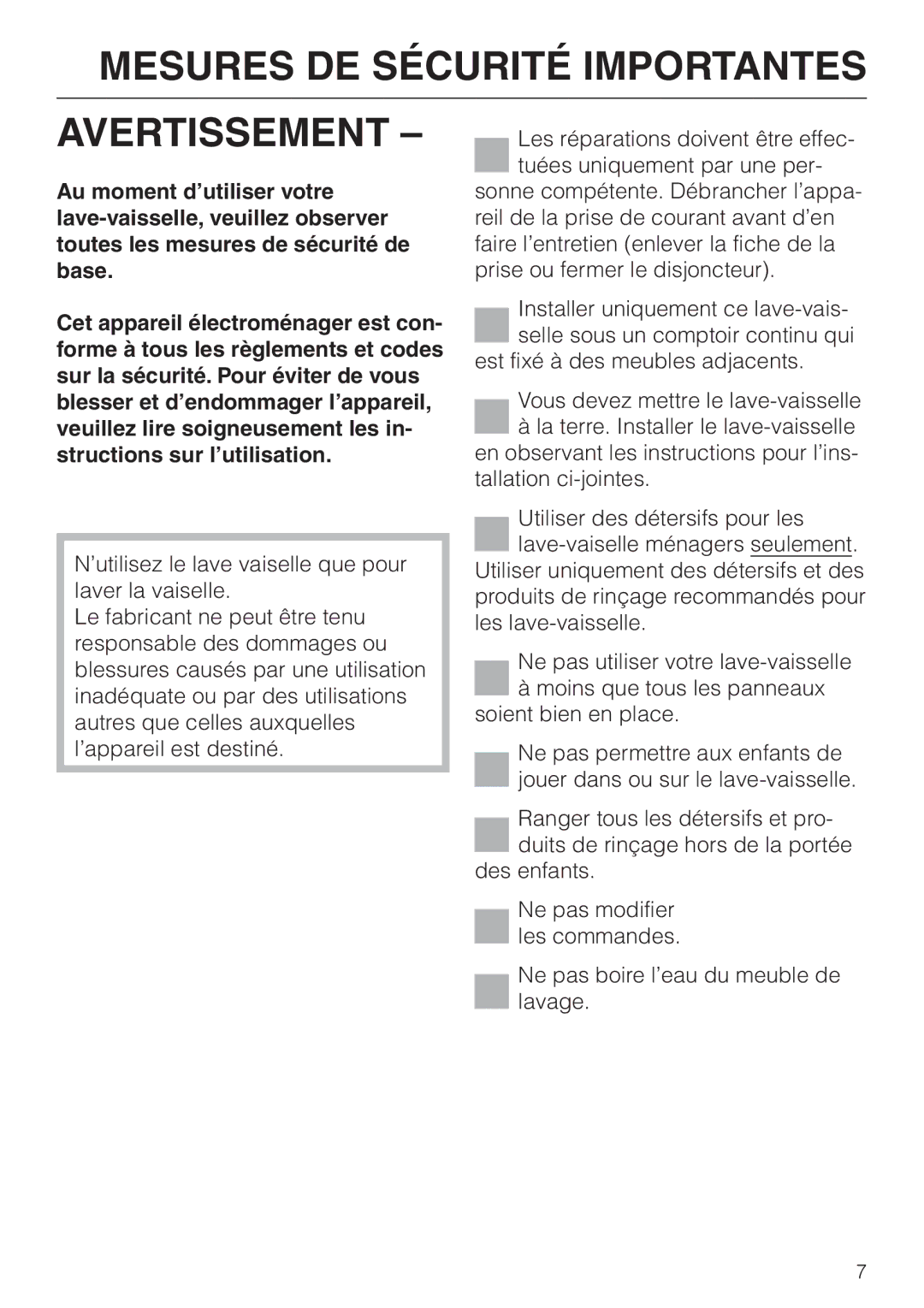 Miele G 851 operating instructions Mesures DE Sécurité Importantes Avertissement 