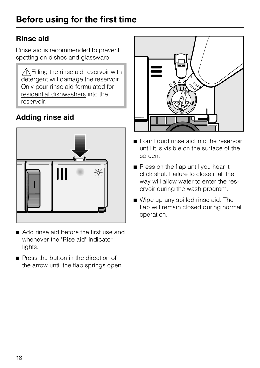 Miele G 851 operating instructions Rinse aid, Adding rinse aid, Before using for the first time 