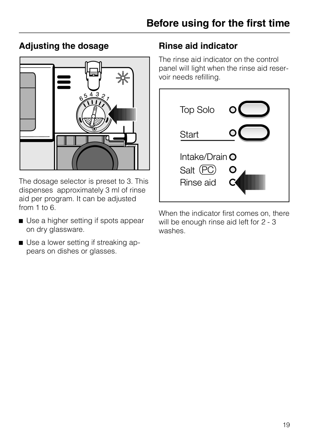 Miele G 851 operating instructions Adjusting the dosage, Rinse aid indicator, Before using for the first time 