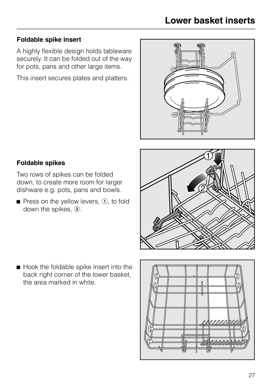 Miele G 851 operating instructions Lower basket inserts, Foldable spike insert, Foldable spikes 