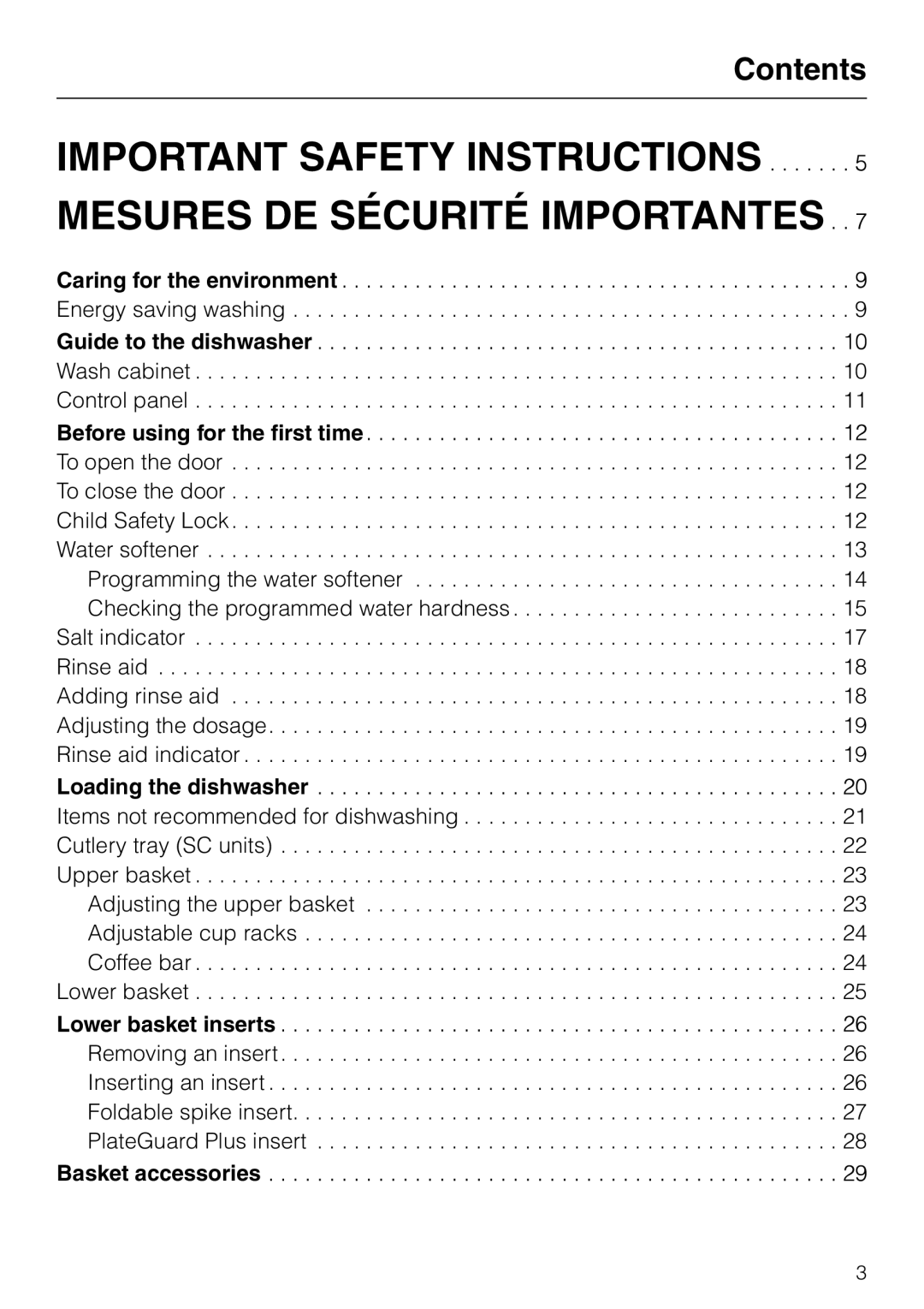 Miele G 851 operating instructions Important Safety Instructions, Mesures De Sécurité Importantes, Contents 