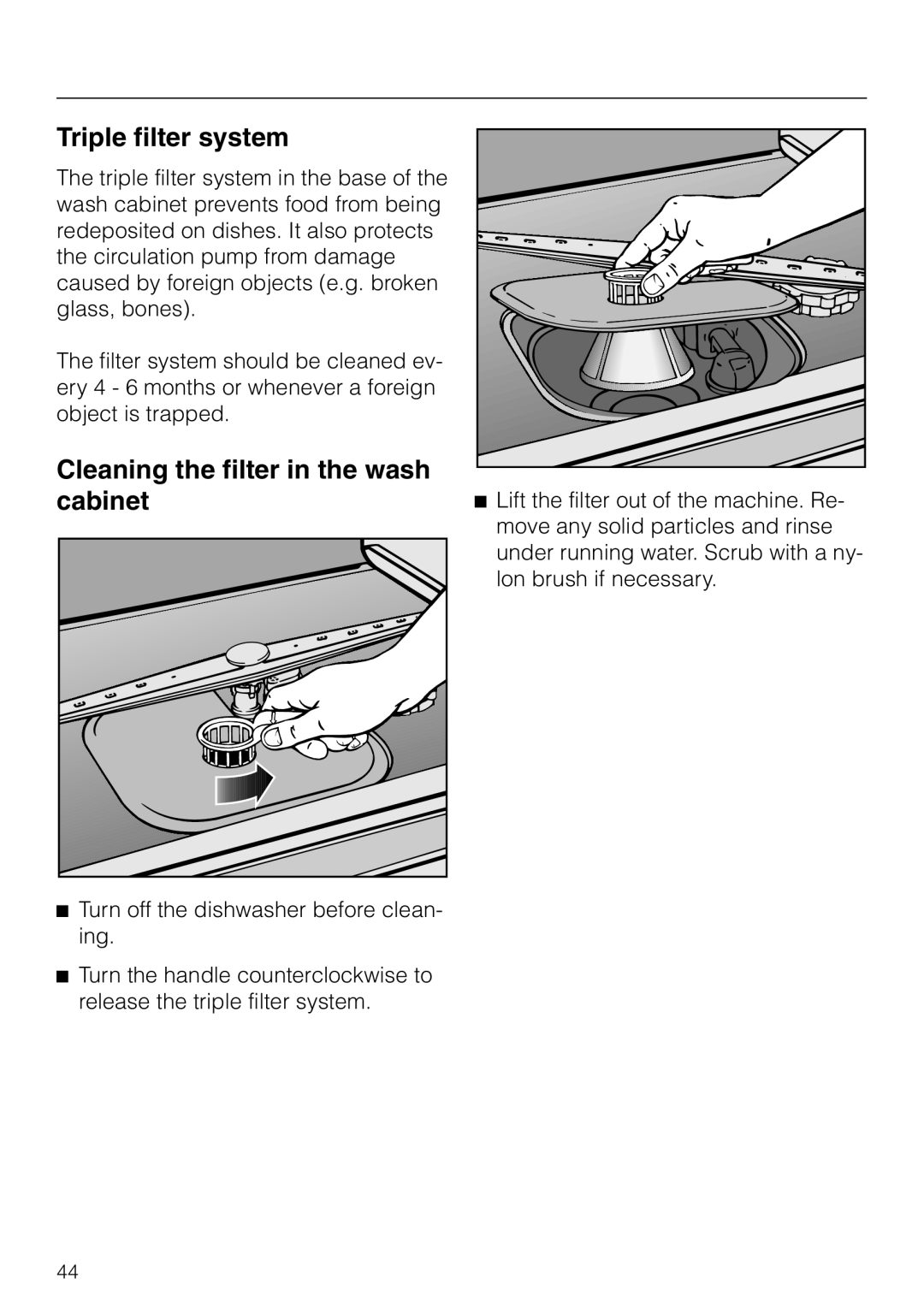 Miele G 851 operating instructions Triple filter system, Cleaning the filter in the wash cabinet 