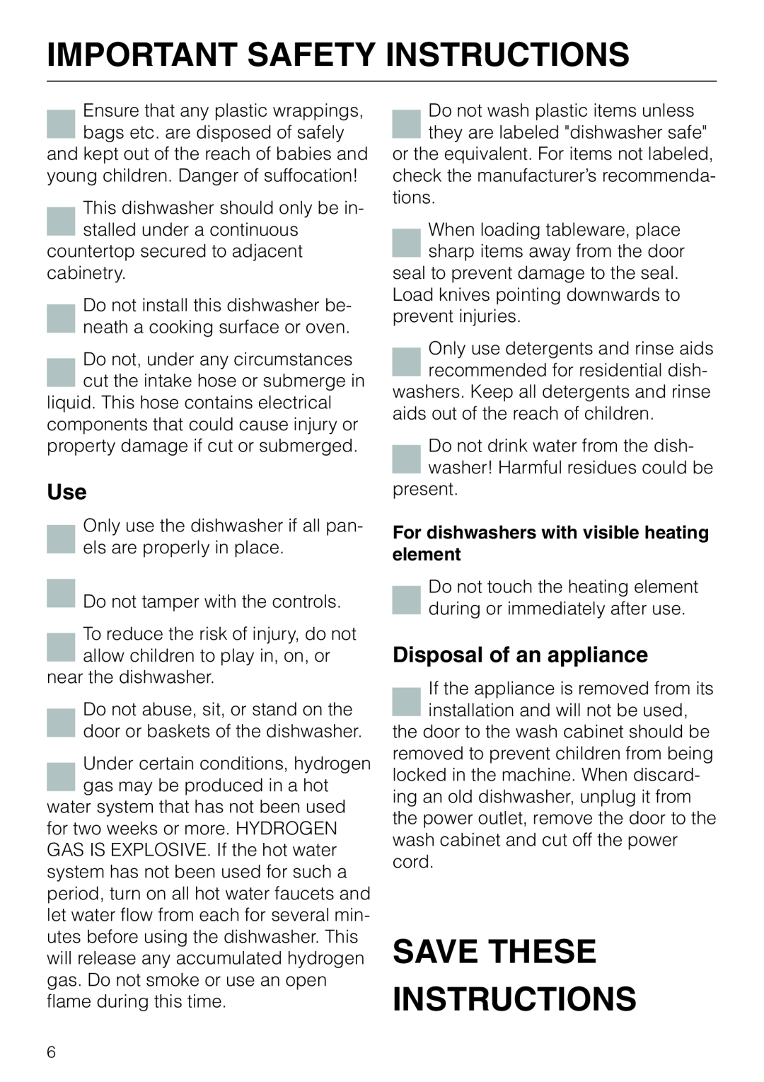 Miele G 851 operating instructions Save These Instructions, Disposal of an appliance, Important Safety Instructions 