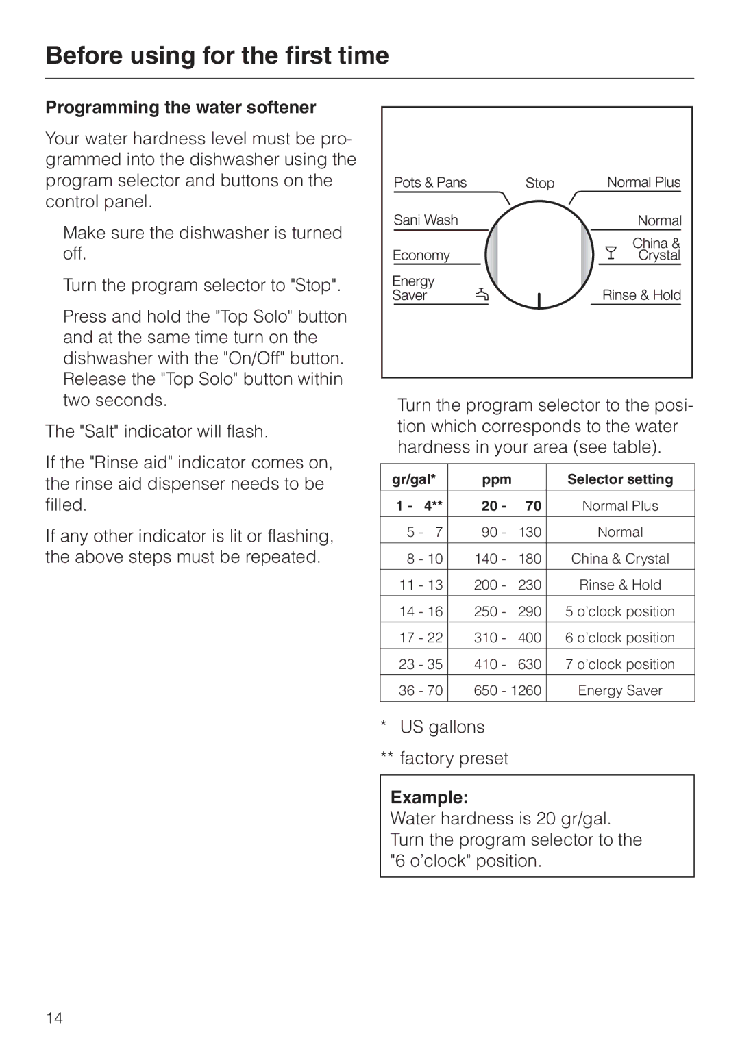 Miele G 856 SC ELITE operating instructions Programming the water softener, Example 