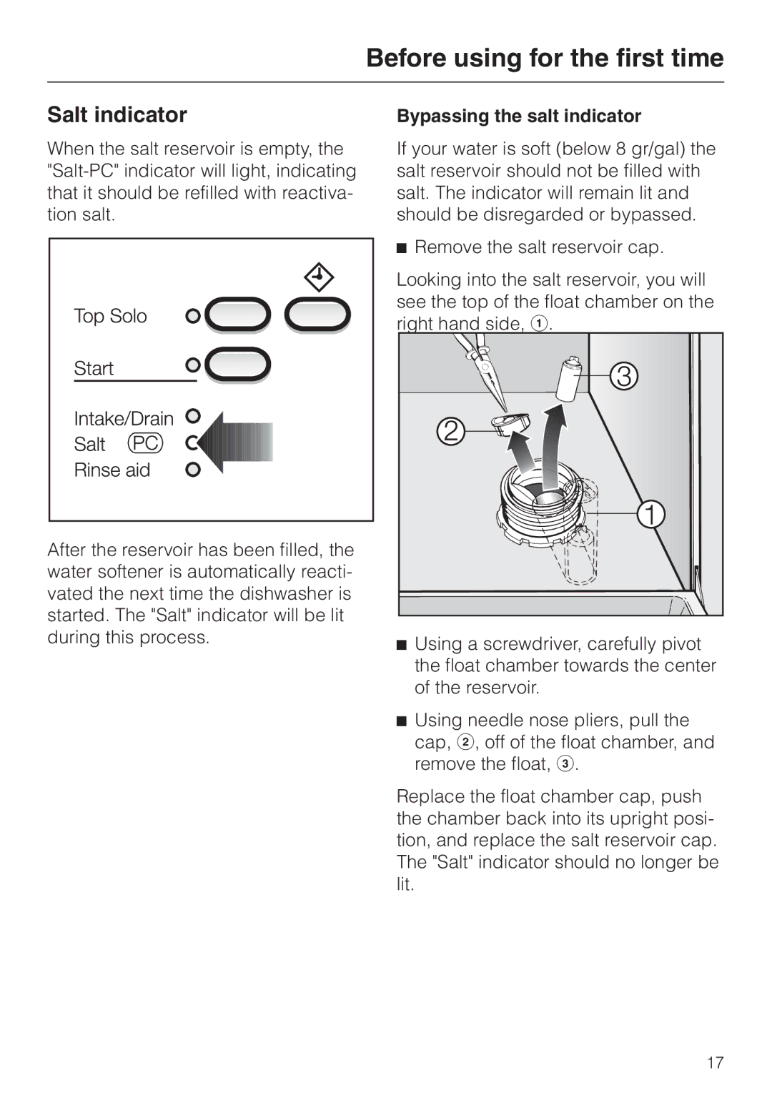 Miele G 856 SC ELITE operating instructions Salt indicator, Bypassing the salt indicator 