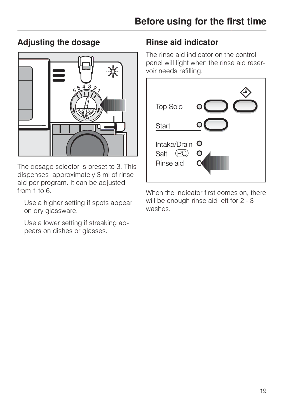 Miele G 856 SC ELITE operating instructions Adjusting the dosage Rinse aid indicator 