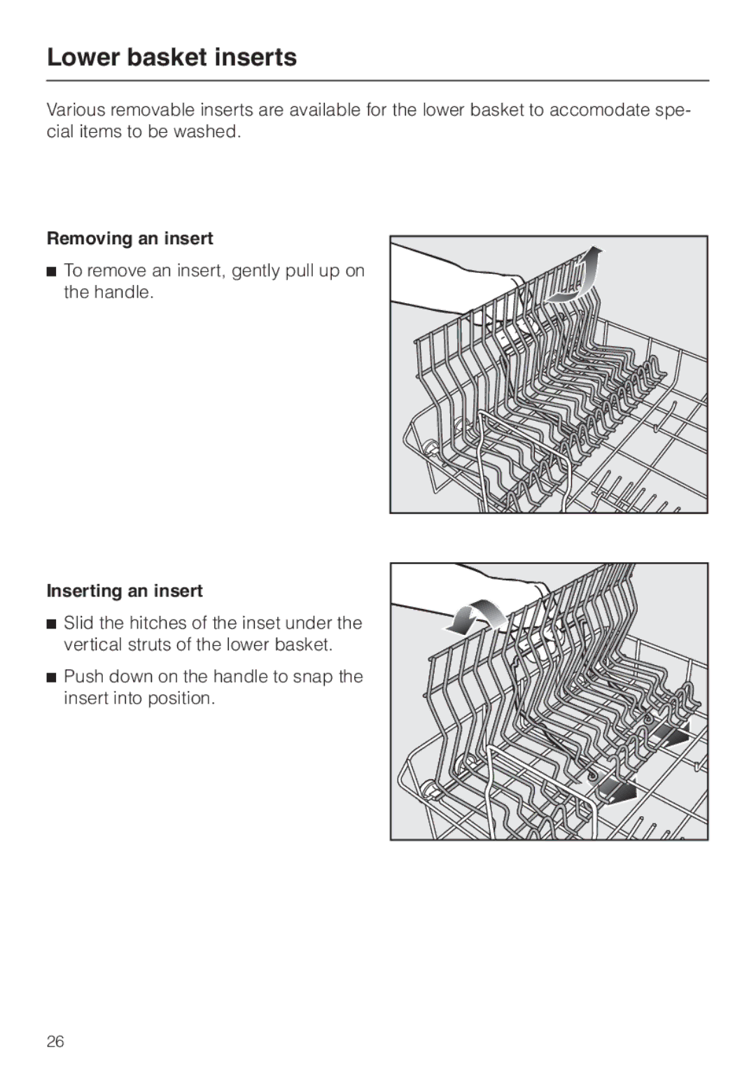 Miele G 856 SC ELITE operating instructions Lower basket inserts, Removing an insert, Inserting an insert 