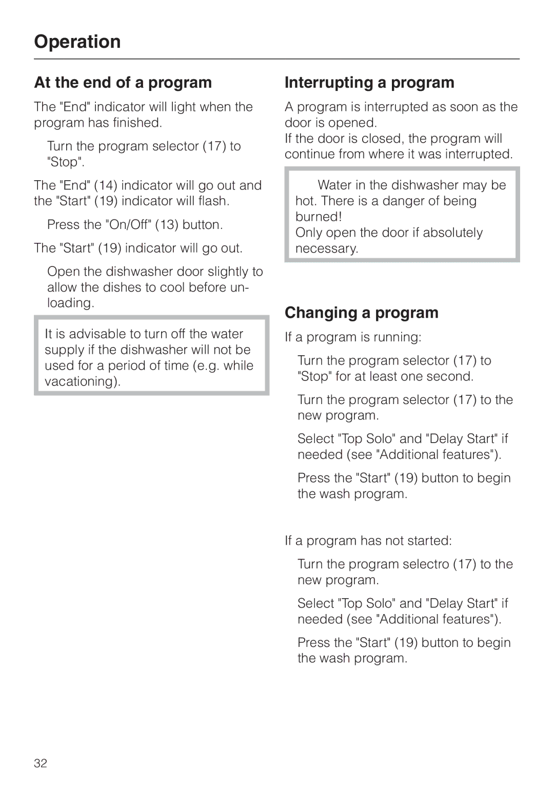 Miele G 856 SC ELITE operating instructions At the end of a program, Interrupting a program, Changing a program 