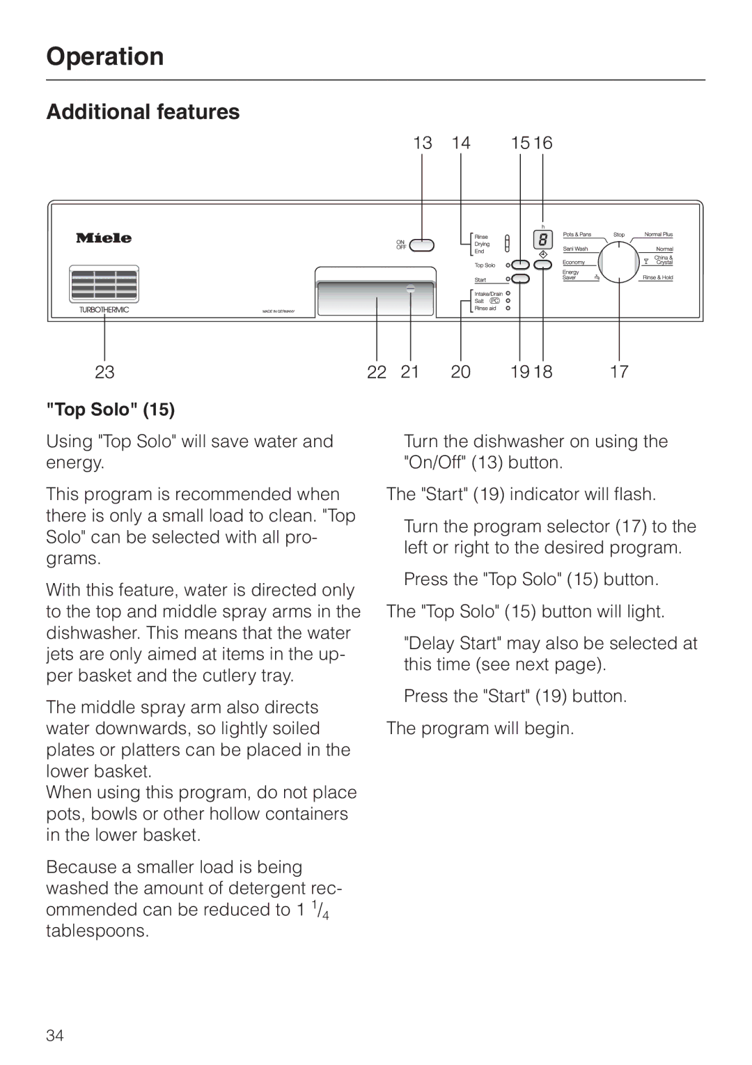 Miele G 856 SC ELITE operating instructions Additional features, Top Solo 