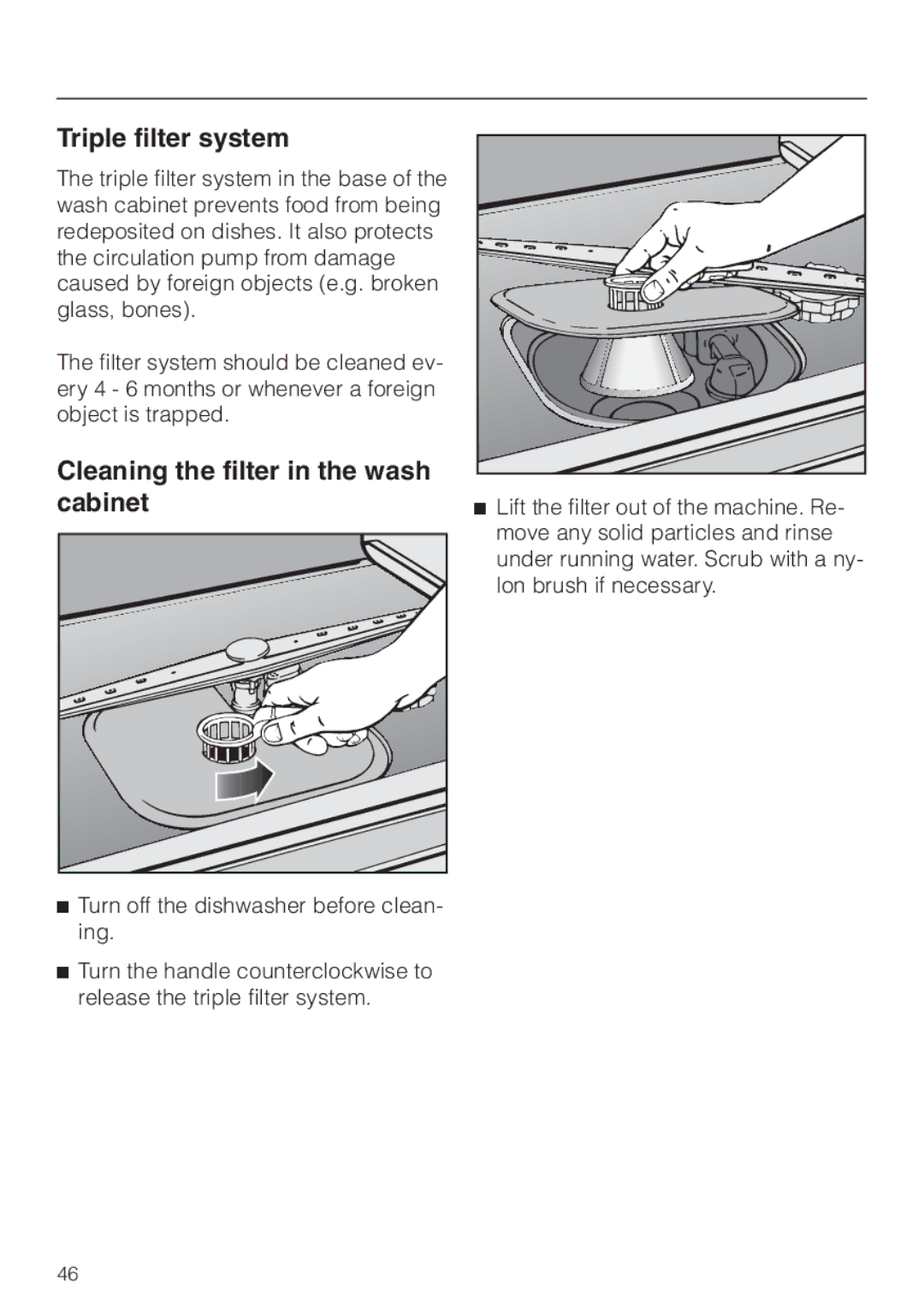 Miele G 856 SC ELITE operating instructions Triple filter system, Cleaning the filter in the wash cabinet 