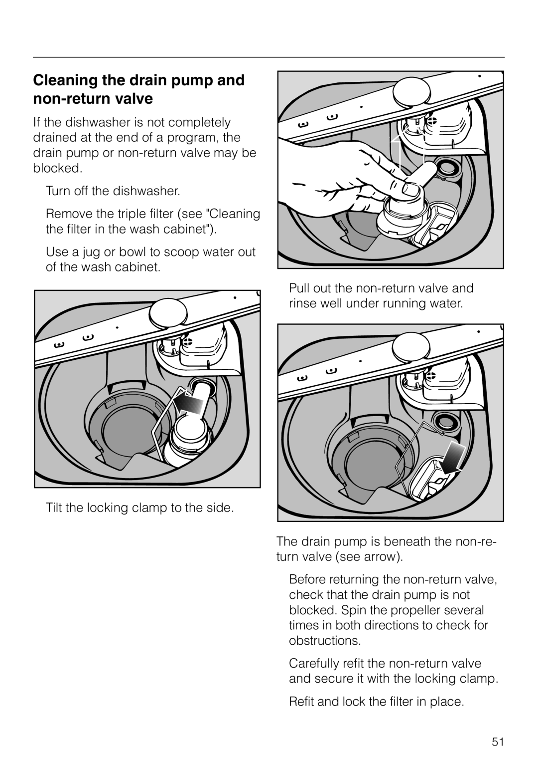 Miele G 856 SC ELITE operating instructions Cleaning the drain pump and non-return valve 