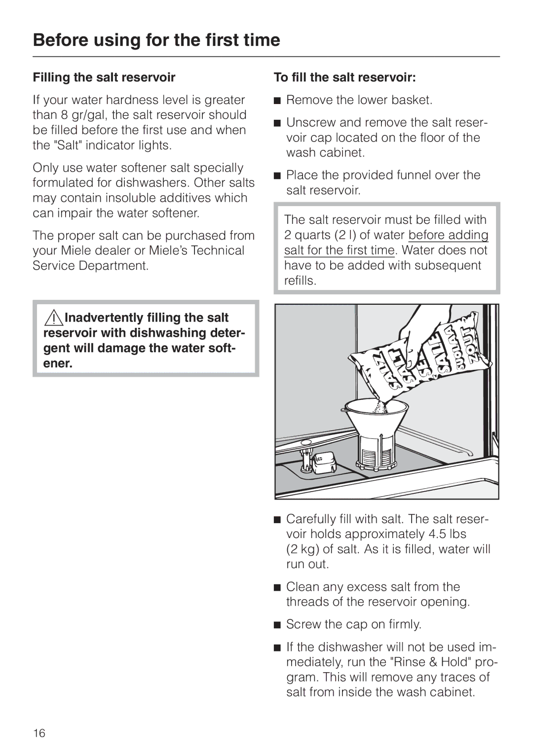 Miele G 856 SC ELITE manual Filling the salt reservoir 